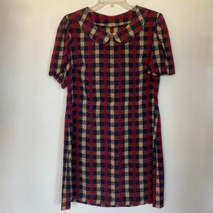 Vintage handmade silk dress with puff sleeves and tweed print size M